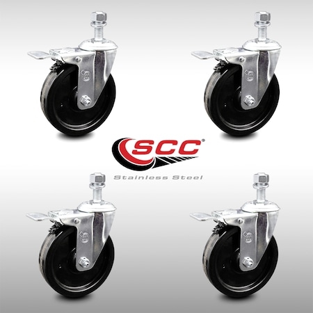 Service Caster 5 Inch SS Phenolic Swivel 10mm Threaded Stem Caster Set Total Lock Brake SCC SCC-SSTSTTL20S514-PHS-M1015-4